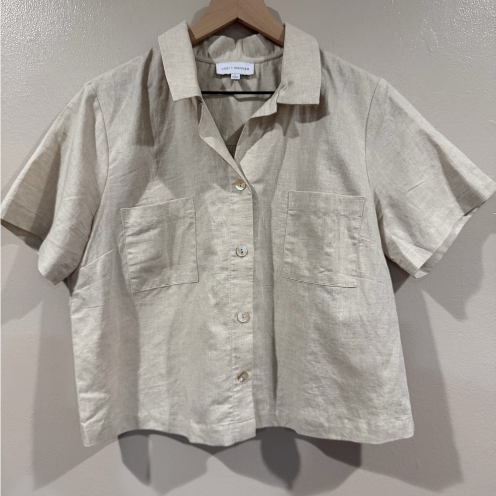 Lost and Wander Linen Beige Short Sleeve Button-Up Shirt Size Large